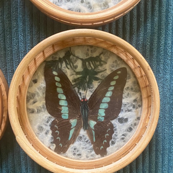 Vintage Rattan Butterfly Coaster Set with Holder - 7 Pieces - Handmade - Picture 2 of 11